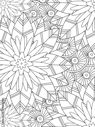 Abstract background doodle floral pattern in black and white. A page for coloring book: fascinating and relaxing job for children and adults. Zentangl photo