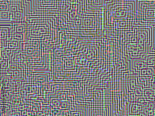 Abstrakcyjne tło. Mozaika przeźroczystych nakładających się na siebie kwadratowych kształtów w tęczowych gradientowych barwach z cyfrowym efektem luminescencji © ellaa44