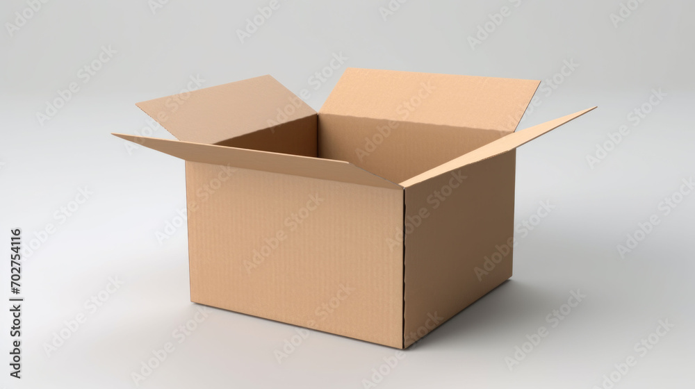 Open cardboard box on isolated light grey background