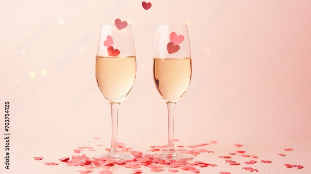 Two glasses of champagne and heart confetti on isolated pastel pink background