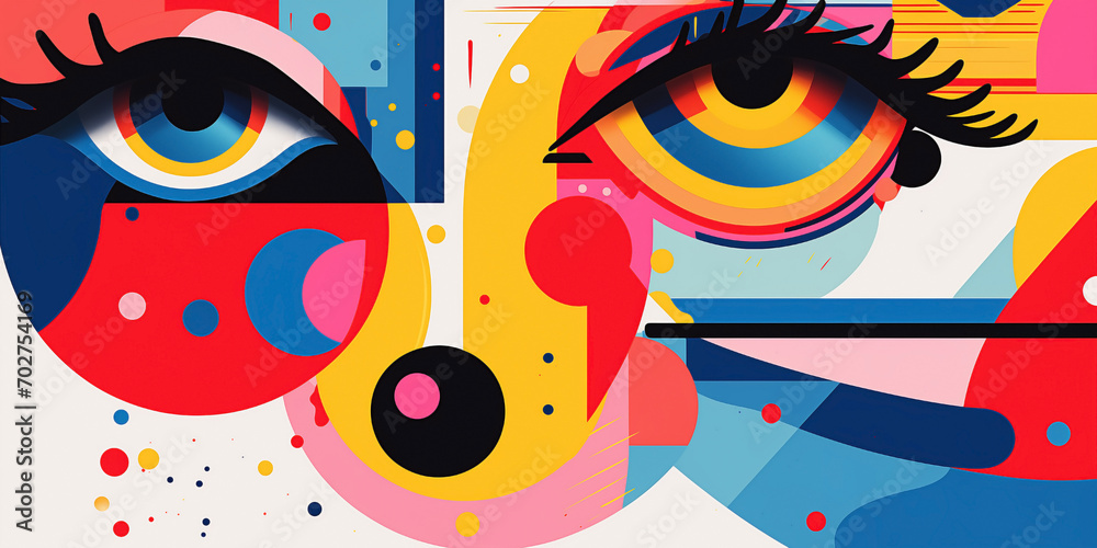 Abstract composition of facial elements with vibrant colors. Abstract illustration showcasing a face adorned with dynamic geometric shapes in pop and cubist design. Abstract composition of facial elements with vibrant colors. Abstract illustration showcasing a face adorned with dynamic geometric shapes in pop and cubist design.