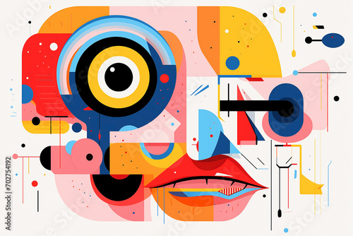 Abstract composition of facial elements with vibrant colors. Face illustration creatively designed with dynamic geometric shapes in pop and cubist influence.