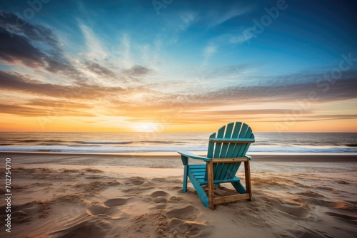 A solitary beach chair facing the ocean at sunrise  inviting relaxation and contemplation
