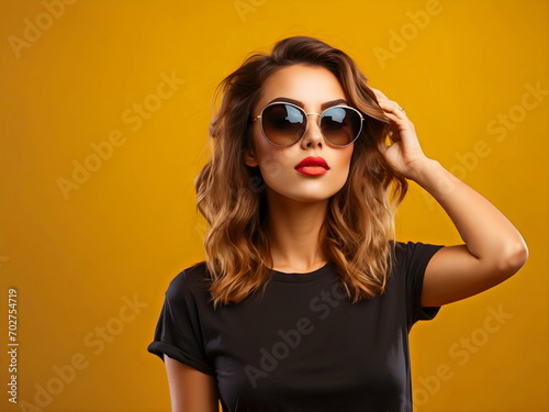 beautiful girl fashion with sunglasses, black yellow background generative AI