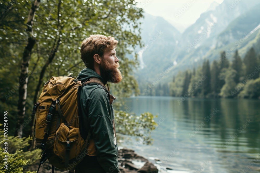 A man with a beard and a backpack looking at the lake against the background of nature and mountains A man with a beard and a backpack looking at the lake against the background of nature and mountains