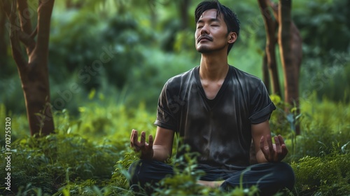 Man sitting meditating in the forest © cherezoff