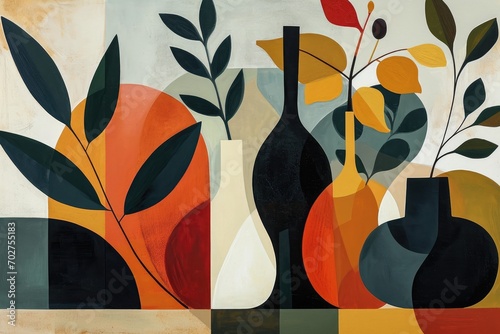 A vibrant display of modern art, featuring delicate vases adorned with lush leaves, captured through masterful strokes of colorful paint