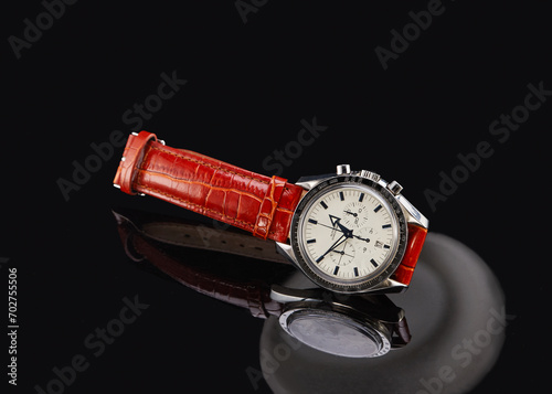 Chronometr watch with red leather strap
