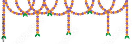 Traditional indian marigold toran floral garland vector,wedding and festival decoration,border flower decoration with transparent background	