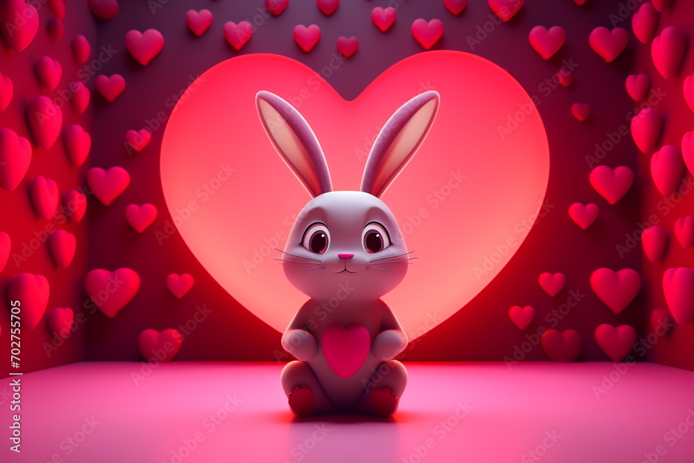 Fototapeta premium Valentine's day card with bunny. Rabbit cartoon collection. Small lovely rabbit with hearts