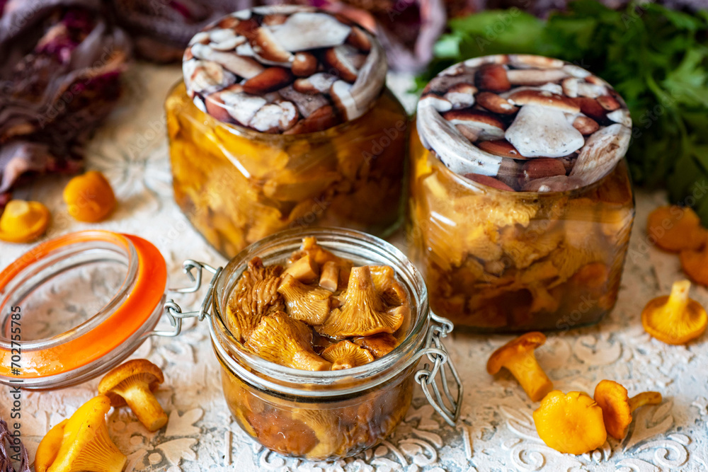Pickled mushrooms in a glass jar. Pickled chanterelles in a jar on a white background. Close-up Pickled mushrooms in a glass jar. Pickled chanterelles in a jar on a white background. Close-up