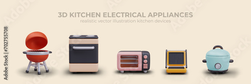 Composition with different kitchen electrical appliances. Red open grill, electrical oven, grill, and slow cooker on yellow background. Vector illustration in 3d style