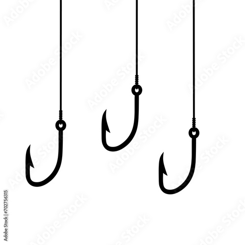 Vector illustration of three fishing hooks hanging on a white background. Fish trap concept in the sea. Fish catching.