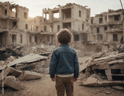 a boy standing in the middle of destroyed building photo