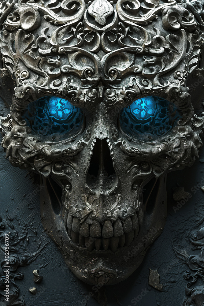 Dark fantasy skull with blue glow