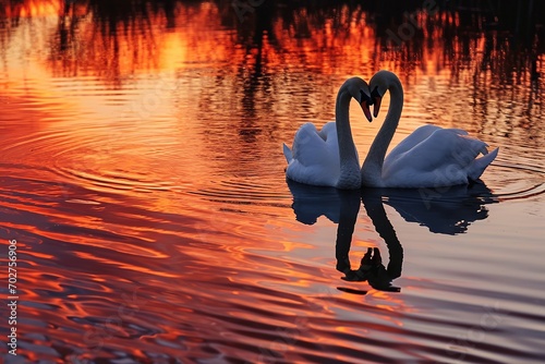 Romantic Swans Heart Silhouette in Sunset Lake, Made with Generative AI (Midjourney)