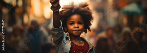 Black child is with their fist raised in the air. Crowd of people on background. Possibly at a protest or gathering. African American History or Black History Month concept