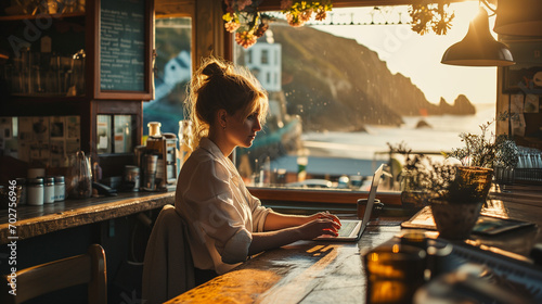 Digital nomad working remotely on laptop at home office by British beach photo