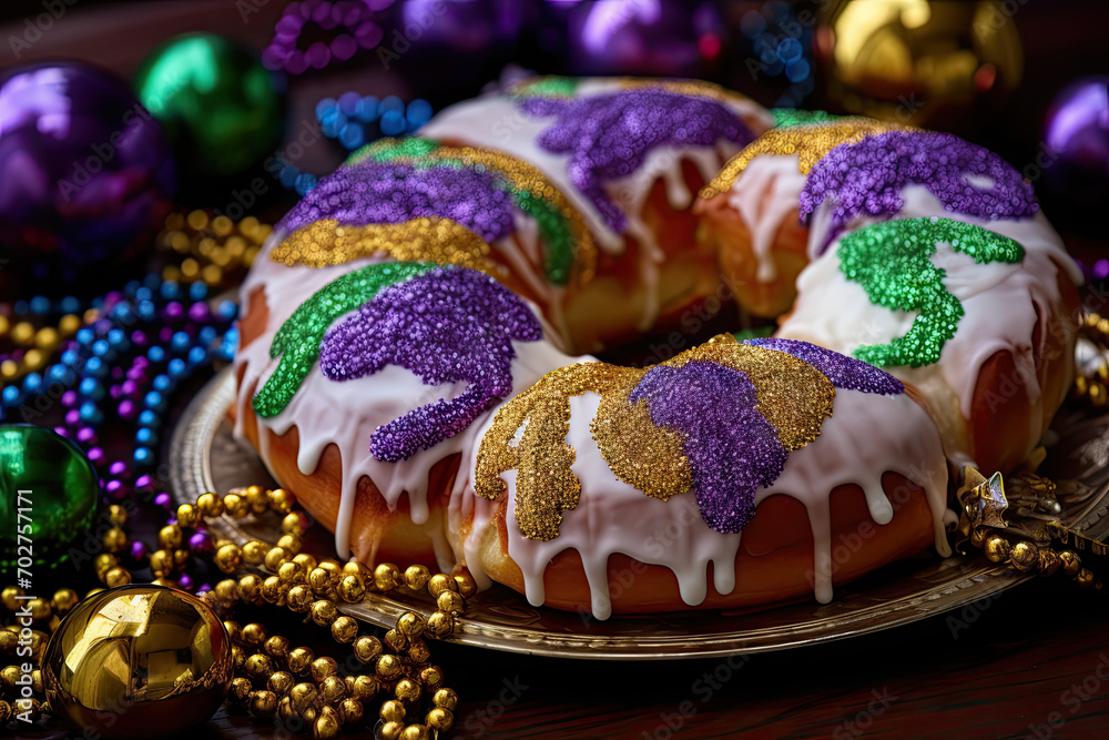 A close up of a king cake on a plate with  Mardi Gras beads, depicts a detailed image of a decorated cake. Suitable for bakery promotions, dessert menus, and food-related designs.
