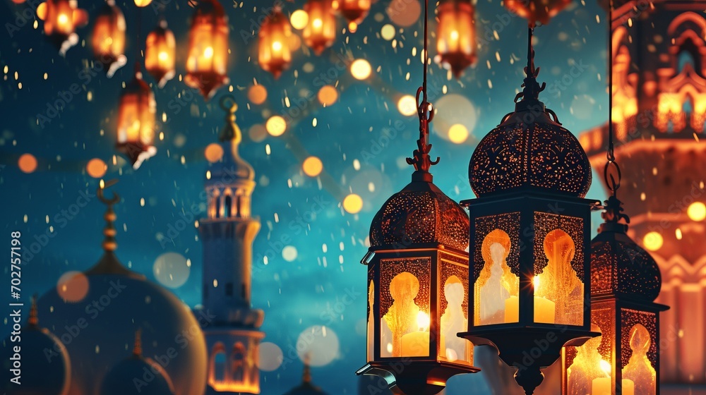 Obraz premium Arabic lantern of ramadan celebration background. Islamic holiday banner.