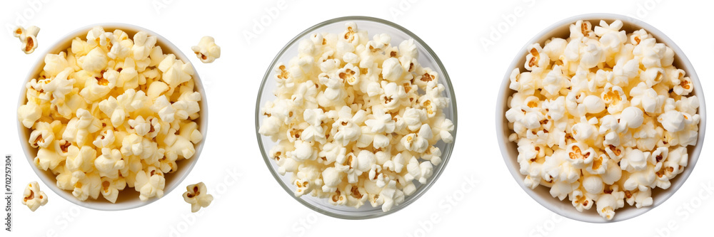 Set of salty popcorn top view on transparent background