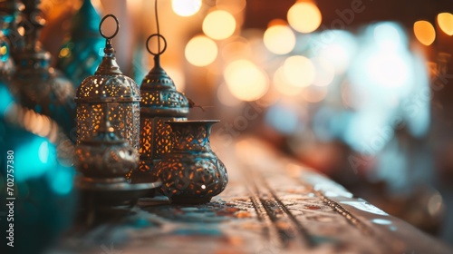 Ramadan lantern and foods. Festive still life with oriental lantern photo
