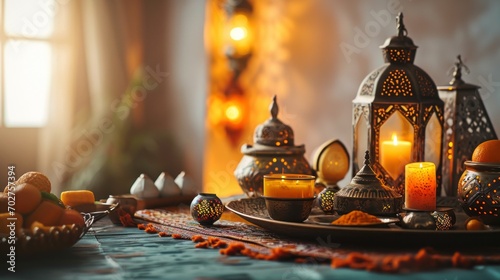 Ramadan kareem. Festive still life with oriental lantern photo