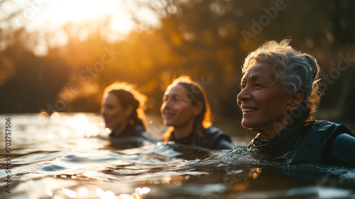 Multigenerational family members cold water swimming in a lake photo