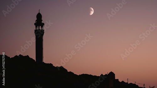 Holy and islamic night and silhouette mosque. Ramadan Kareem background.