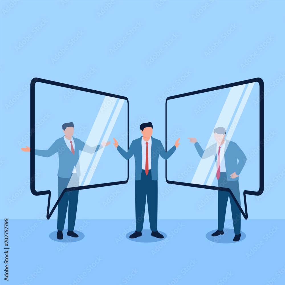 people mediate between two people in conflict behind a chat symbol, a metaphor for mediation. Simple flat conceptual illustration. people mediate between two people in conflict behind a chat symbol, a metaphor for mediation. Simple flat conceptual illustration.