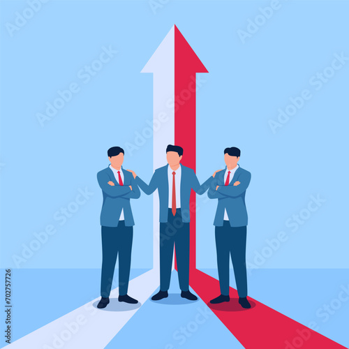person mediates between two people in conflict in front of united arrows, a metaphor for mediation. Simple flat conceptual illustration.
