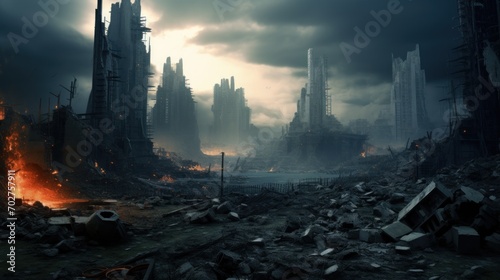 modern city devastated by explosions and chaos, apocalipse photo