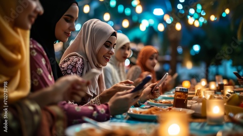 Arabian family eating iftar in Ramadan. Break fasting during Ramadan.
