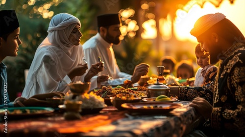 Arabian family eating iftar in Ramadan. Break fasting during Ramadan.