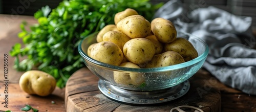 Using kitchen scale, measure potatoes in a glass bowl for pressure cooking. photo