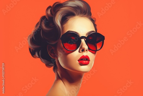 AI generated illustration of a retro fashion model wearing sunglasses, against a red background