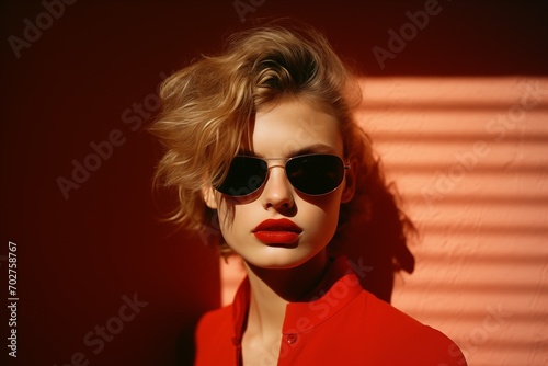 AI generated illustration of a retro fashion model wearing sunglasses  against a red background