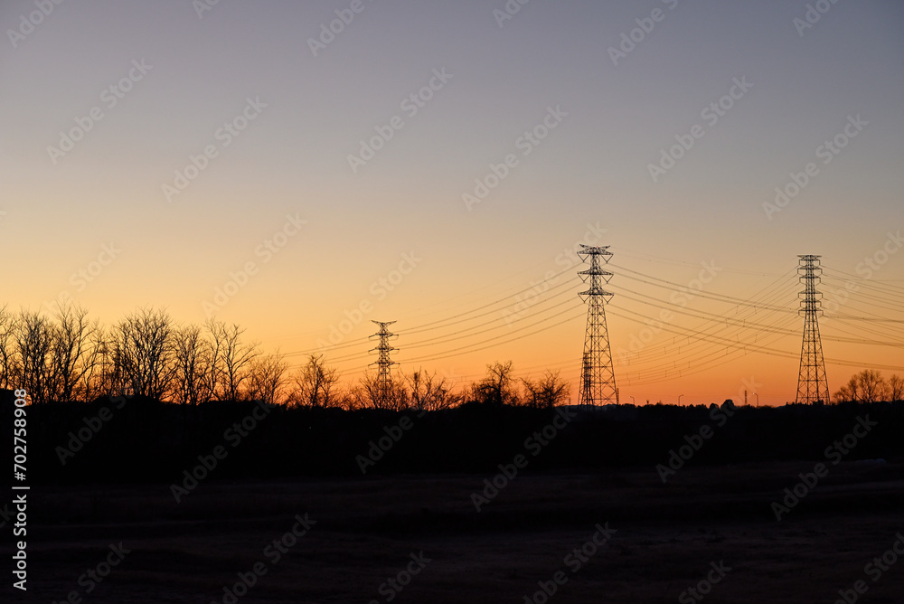 Towers of power line in magic hour 