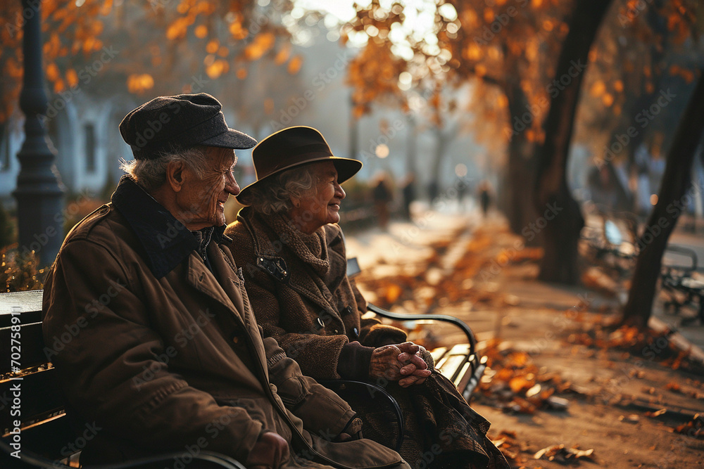 An elderly couple holding hands and laughing together on a park bench, their faces illuminated by genuine smiles that reflect their shared happiness