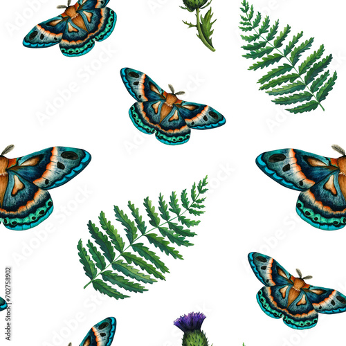 Watercolor seamless pattern blue green moth and fern on white background. Hand painted illustration imperial night butterfly. Insect for the design of stationery, posters, wallpaper