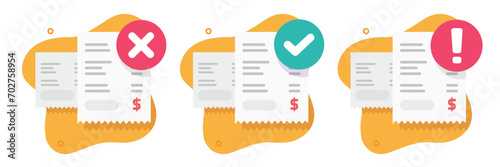 Bank payment receipt invoice success paid icon vector graphic illustration flat set, bill error fraud attention status check, order pay fail expire notice, rejected cancelled money transaction image photo
