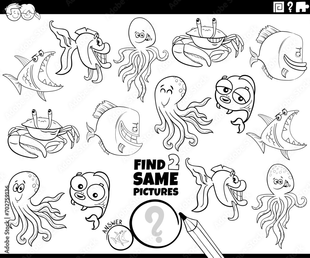 find two same cartoon marine animals activity coloring page