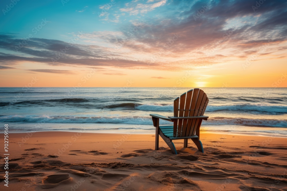 A solitary beach chair facing the ocean at sunrise, inviting relaxation and contemplation A solitary beach chair facing the ocean at sunrise, inviting relaxation and contemplation