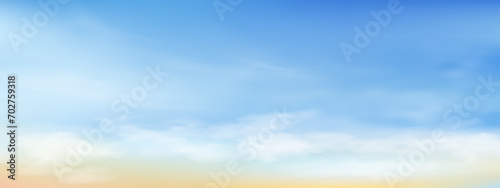 Sky blue with cloud background ,Vector Horizon beach sunset with yellow and blue colour in Spring,Panorama beautiful Nature morning sunrise sky in sunny day Summer,Banner landscape background