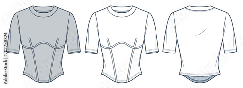 Corset T-Shirt fashion flat technical drawing template. Slim Fit Tee Shirt technical fashion illustration, short sleeve, round neck, front and back view, white, grey color, Women's Top CAD mockup set.
