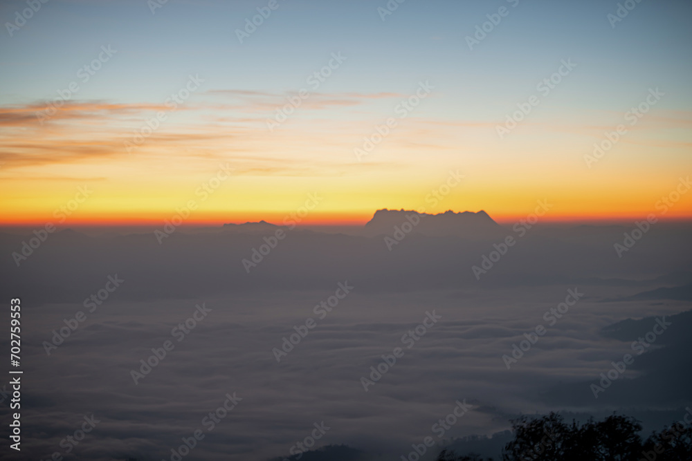 Scenery of sunrise on a mountain valley at Doi Luang, Chiang Dao, Chiang Mai, Thailand.