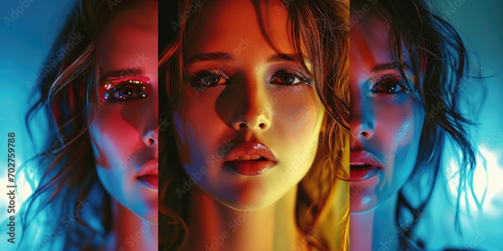 Fototapeta premium Three women with different makeup looks at the camera. Cinematic light, partially superimposed portraits on different pannels.