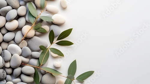 A branch of olive leaves and stones on a white background. This versatile asset is suitable for various designs like wellness and spa, nature and environment, and Mediterranean-inspired themes. 