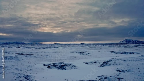 Aerial view of a snowy field in Iceland, Skutustadahreppur photo