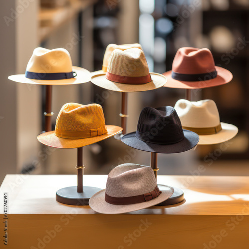 hat display for sale in store wiindow.